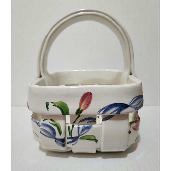 Hand Painted Italian Pottery Ceramic Woven Basket with Handle Floral Design - Picture 5 of 11